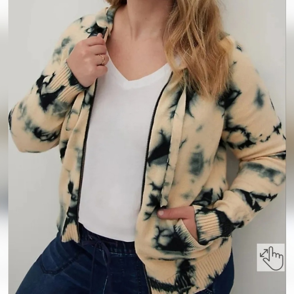 Torrid 0 Large Beige & Navy Tie Dye‎ Hoodie Full Zip Knitted Sweater